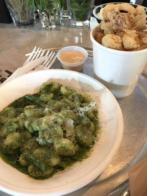 gnocchi with pesto basil sauce & calamari