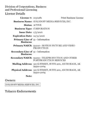 GOLODOFF MEDIA SERVICES, Inc. - License Details