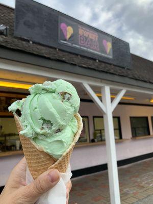 One scoop pistachio on a waffle cone.