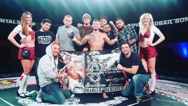 Pacific Warrior Coaching Staff with Pro MMA fighter Jame DeHerrera after his 13 second KO, Colorado Springs 2015.