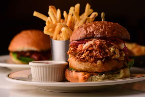 Amy's challah bun, shredded chicken breast, house made bbq sauce, spicy mayo, coleslaw, fried onion ring