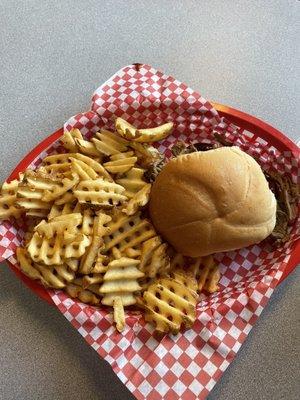 BBQ pork basket with waffle fries