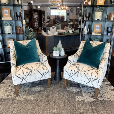 This show-stopping fabric on the Hazel club chair⁠s looks beautiful with velvet jewel tone pillows.