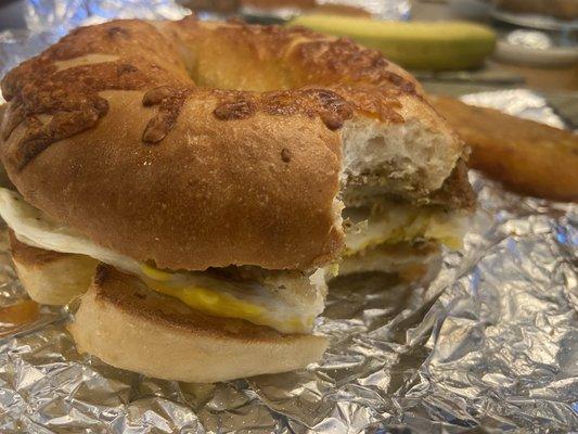 Scrapple, Egg and Cheese on a cheddar bagel