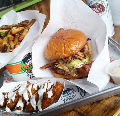 Dipping sticks (fresh hot fries), Dale's Revenge, and fried green tomatoes