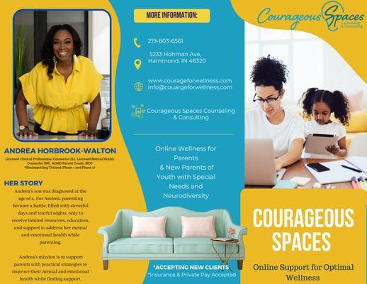 Courageous Spaces Counseling & Consulting Brochure page 1 of 2