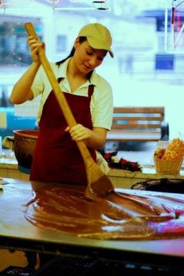 We cook our fudge daily in copper kettles, and we use the old-fashioned paddle method.