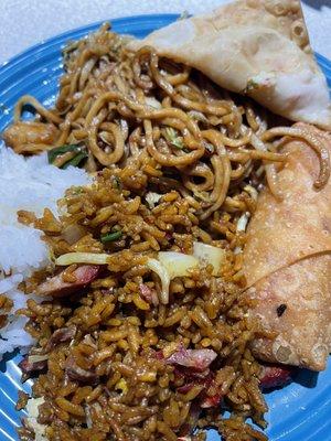 Shrimp Lo Mein, Roast Pork Fried Rice, Egg Roll, Crab Rangoons