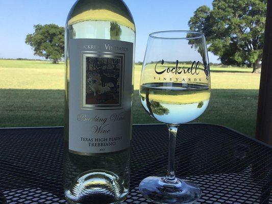 The view from our patio and our 100% Texas Trebbiano!