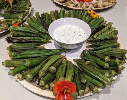 Grilled okra with lemon pepper sauce