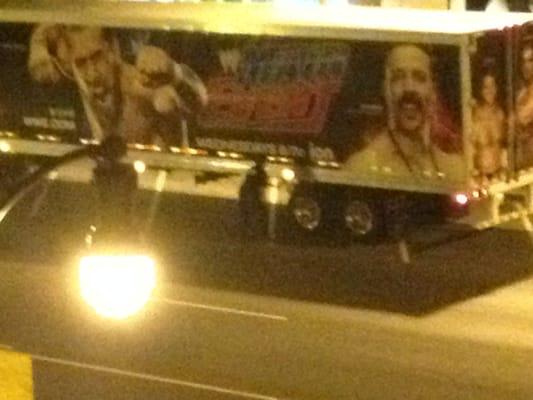 creepy view of WWE wrestlers being stuffed in the back of this truck