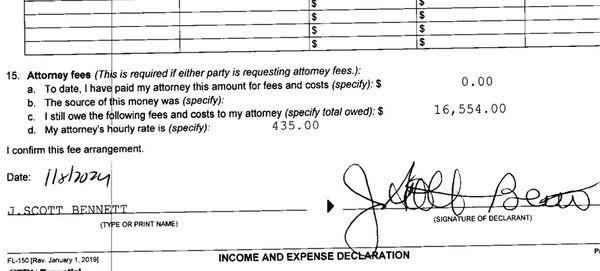 Scott Bennet charges $435 an hour. The $16,554 fee didn't even make it to a mandatory settlement conference for divorce.