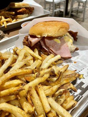 Chicken cordon bleu and rosemary fries