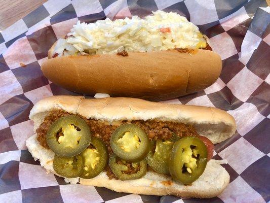 Hot Chilli Dog w/ jalapeños and Regular Dog with everything.