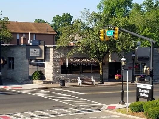 Across the street from Cranford Train Station and Starbucks Coffee.  Parking lot behind our office for our patients.