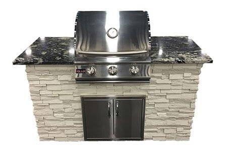 5′ Kitchen Island with 3 Bruner high end grills double access doors, 3m granite countertops. Call for pricing