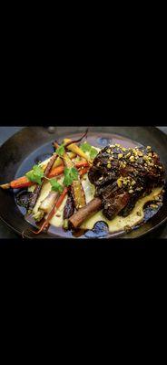 Pistachio + wildflower honey lamb shank, smoked potato + masala roasted carrots