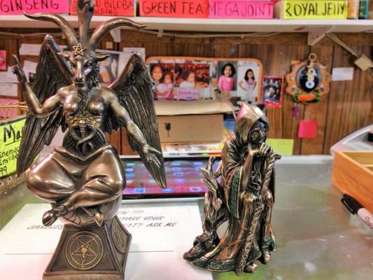 Baphomet & Crone bronze statues.