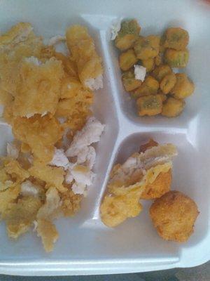 Alledge fish with okra and hush puppies they left off my shrimp