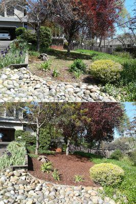 Before and after yard landscaping.