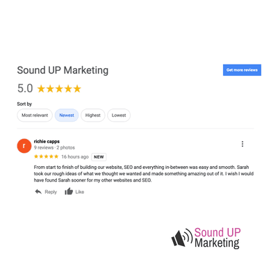 5 Star review from an awesome client. Logo/branding, website build & design, high-quality content, and SEO by Sarah @ Sound UP Marketing.