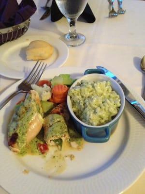 Italian stuffed chicken with pesto risotto and vegetables