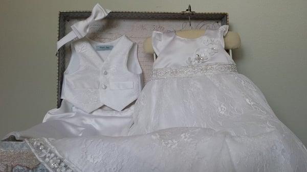 Christening or baptismal gown, vest, pants and bow tie made from mother's wedding dress.  Family heirloom created! Ideas on FB