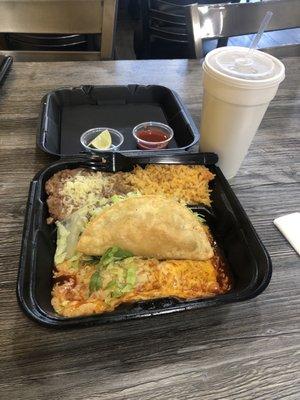 Wednesday Special: 1 beef taco, 1 cheese enchilada, rice, beans and a drink.