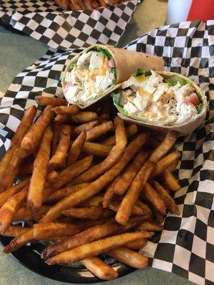 Fried chicken wrap and Cajun fries! Delicious!