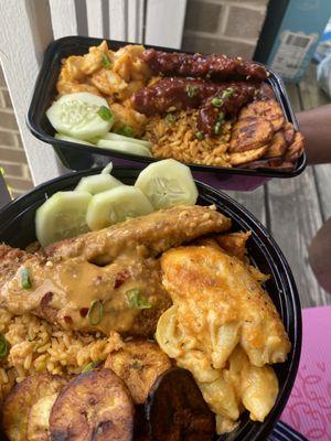 Guyanese flavorful fried rice,cheesy baked Mac,fried plantains,and juicy cucumbers.with sweet barbecue or savory garlic chicken.