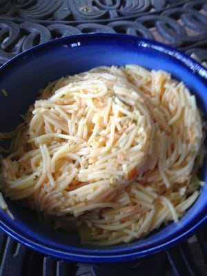 The worst chicken soup I've ever had. The stringy yellowish bits mixed in with the noodles is the chicken.