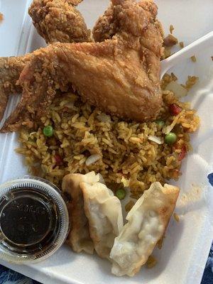 Pork Fried Rice, Fried Chicken, Dumplings, & an Eggroll(not pictured because I inhaled it)