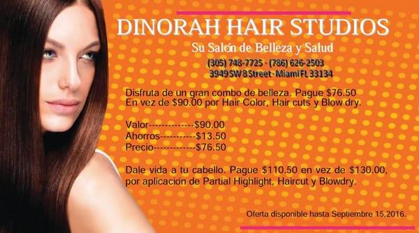 Promocion de $76.50 por $90.00 en Dinorah Hair Studios Health &  Spa