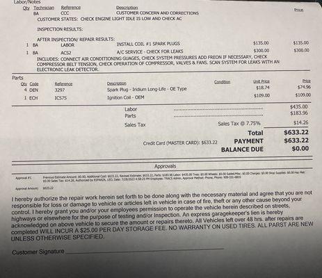 Cost for a Spark plug, coil and a/c charge.