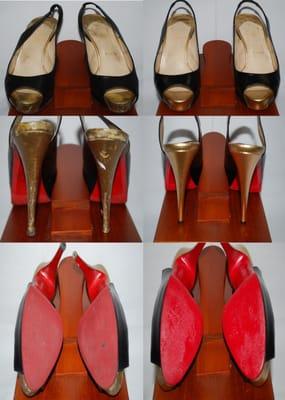 Christian Louboutin Red protective soles with no emblem. Refinishing of the gold leather.