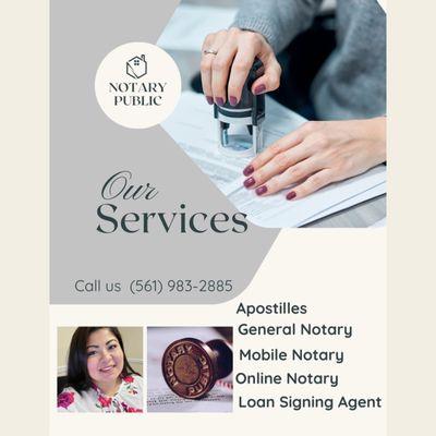 Apostilles, Certified loan signing agente, General Notary services, RON and Mobile services.