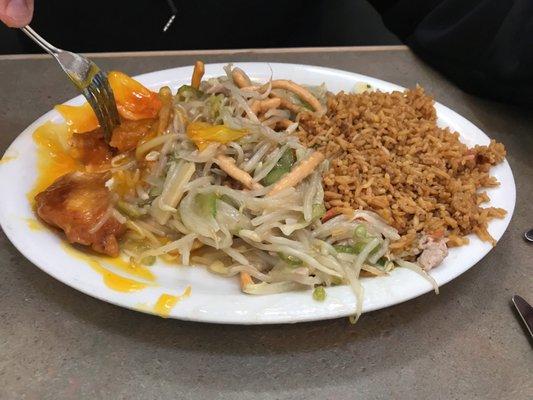 Sweet and Sour Shrimp with Chow Mein and pork fried rice.