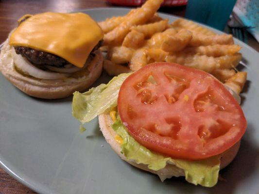 Burger and cheese fries