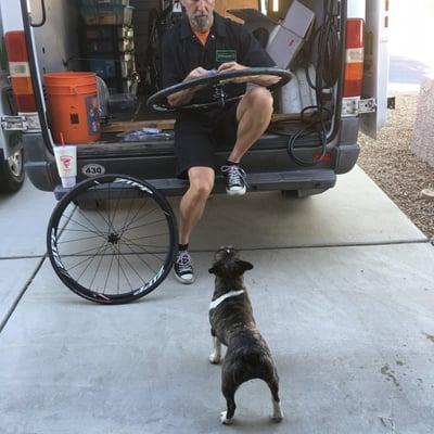 Russell teaching Auggie the art of setting up wheels.