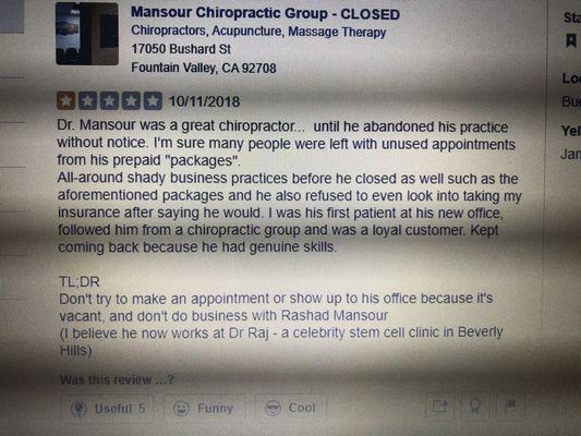 You can see that Dr. Mansour scams people, not just me.  He owes this person money, owes me money, and owes other people money.