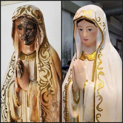 Restoration of burned statue of Our Lady of Fatima.