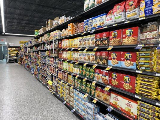 Neatly organized grocery shelves