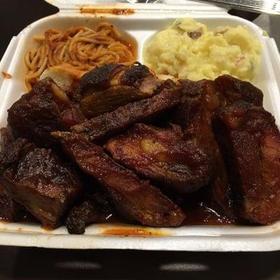 Rib Tips combo with potato salad and spaghetti