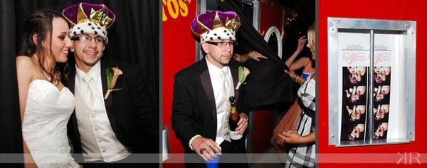 Bride and Groom enjoying the booth, waiting for there picture with black curtain.