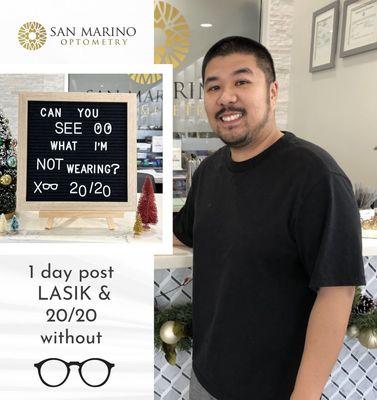 Big smiles today for our wonderful patient! Guess what he's not wearing?  You guessed it!!!  He is seeing 20/20 after LASIK!