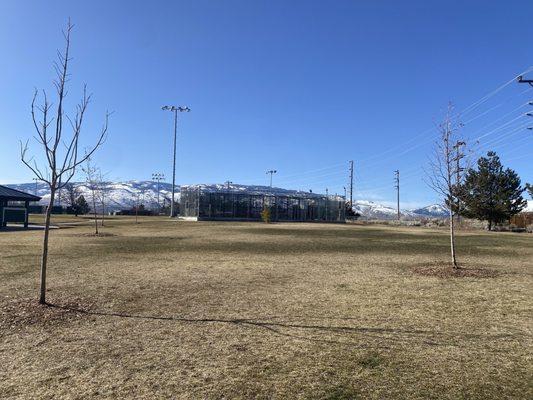 Batting cages with Mountain View in the background.