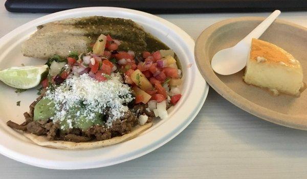 Pork Tamale ($3.50), Carne Asada Taco ($2.50) & Flan