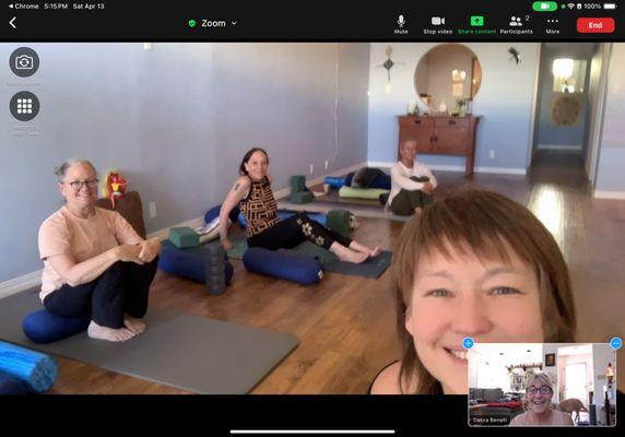 Inside our studio on Spring Into Wellness Yoga Retreat with vital, vibrant senior yogis both in our ABQ studio and attending via zoom!