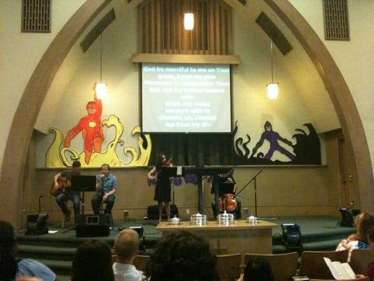 Worship has acoustic guitar, violin, cello and piano.  Very nice, not too loud/contemporary.