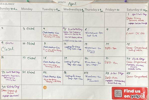 April events calendar - see our site at backagaincafe.com for links to our social media and latest updates.